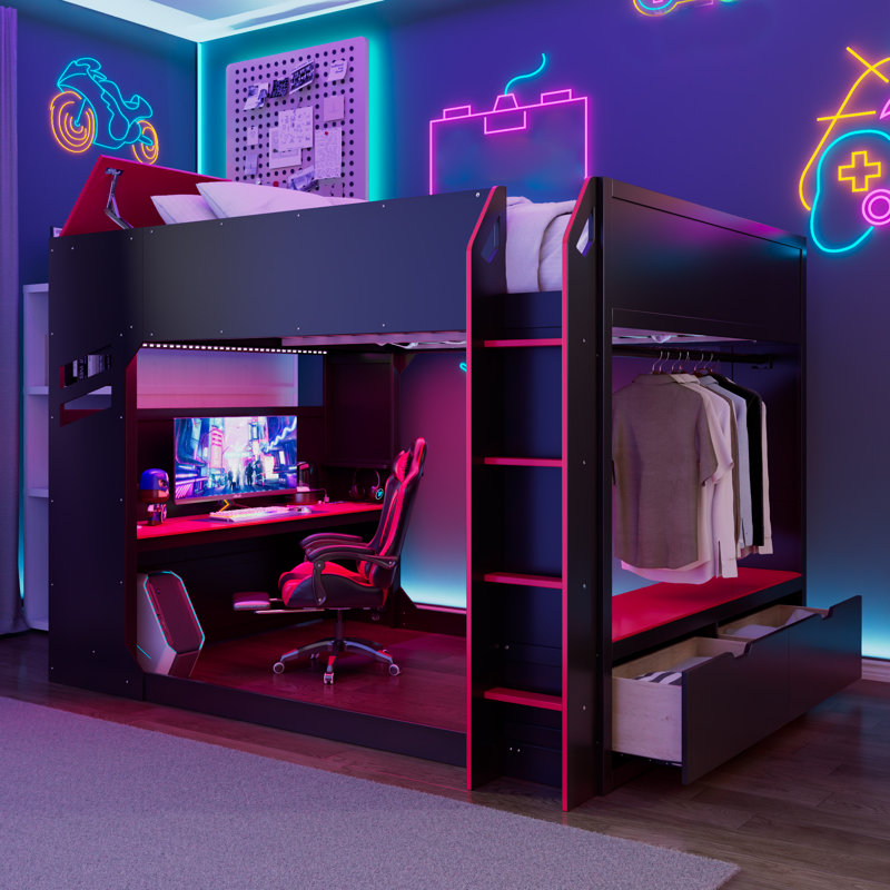 Full Size Wood Loft Bed with Height-adjustable Desk, Drawers, Storage Compartments, Hanging Rod and RGB Lights, Red
