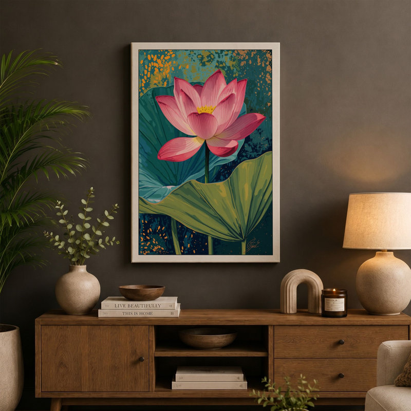 Pink Lotus in Bloom Botanical 1 Piece Wrapped Canvas Wall Art, 24x16 - 61.0 x 40.6 cm, Ochre Border