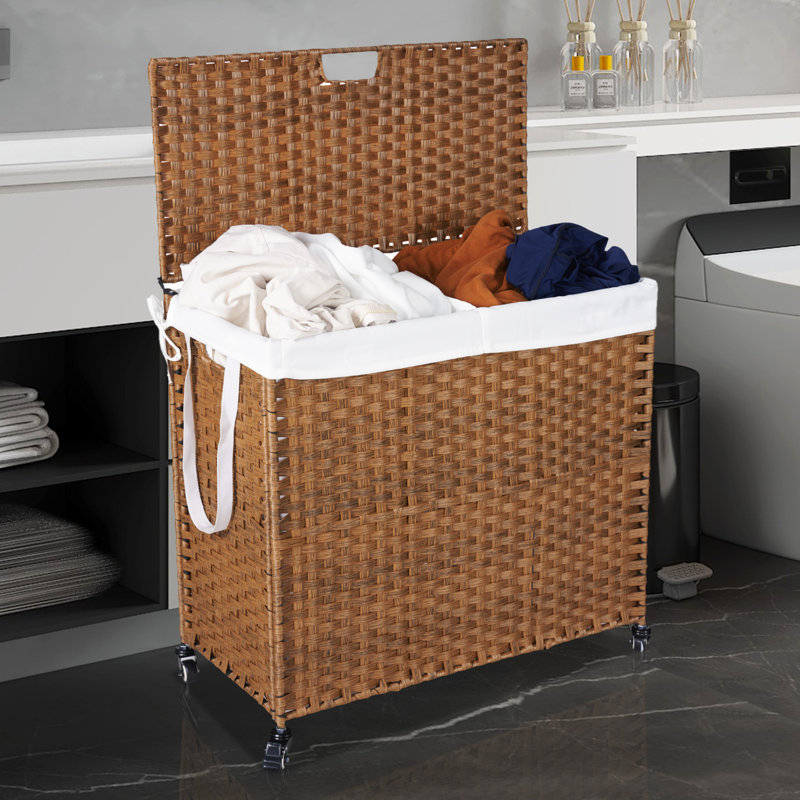Lidded Laundry Hamper With Removable Bags, Pe Rattan Design, Powder-coated Frame For Clothes Storage, Brown