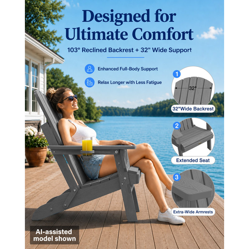 Weather-Resistant Adirondack Chairs with Cup Holder: Outdoor Plastic HDPE Folding Adirondack Chairs for Fire Pit/Deck/Porch/Garden/Lawn/Backyard (Gray)