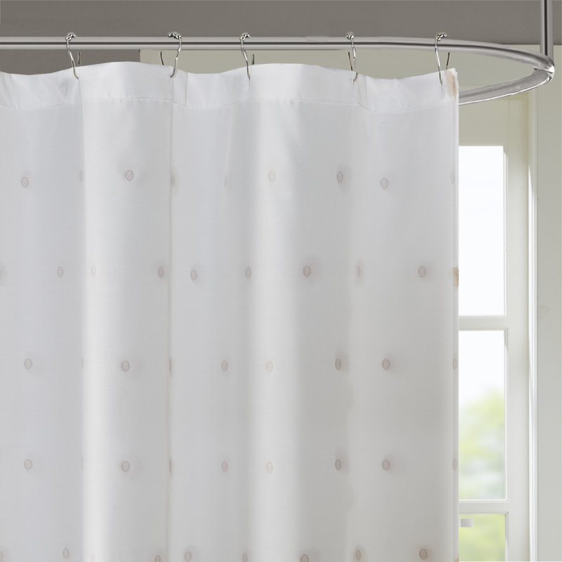 White Polyester Shower Curtain with Blush Pom Poms