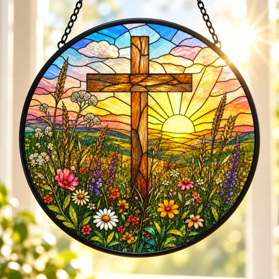 Stained Glass Cross Suncatcher Window Hanging Ornament
