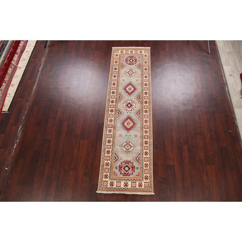 Tapis de couloir gris / vert / rouge / ivoire en laine noué à la main de conception unique 2 pi 8 po x 9 pi 6 po