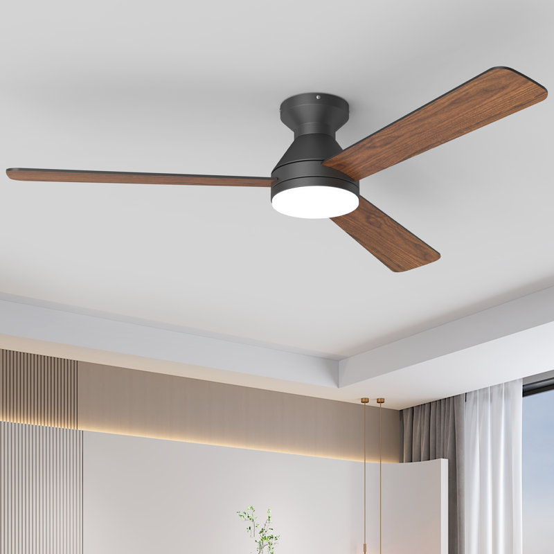52 In. Dimmable Led Indoor/outdoor Black Flush Mount Ceiling Fan With Light And Remote, 6 Speeds Dc Reversible Noiseless