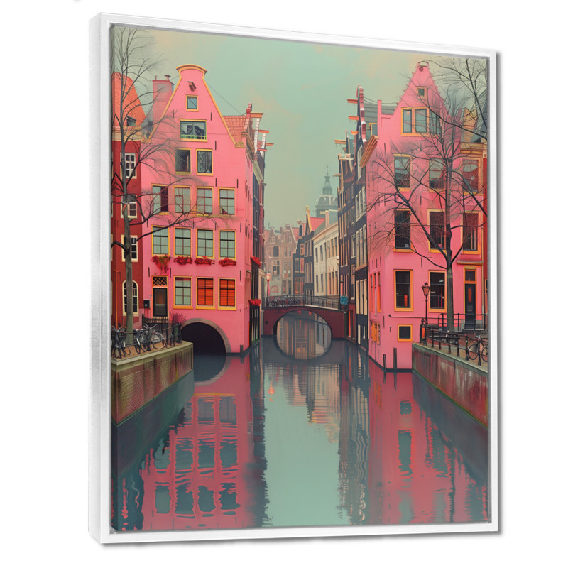 «Amsterdam Pink Grey Canal Photo I», reproduction d'art murale, Toile encadrée flottée blanche, H 32 po x l 24 po x P 1 po