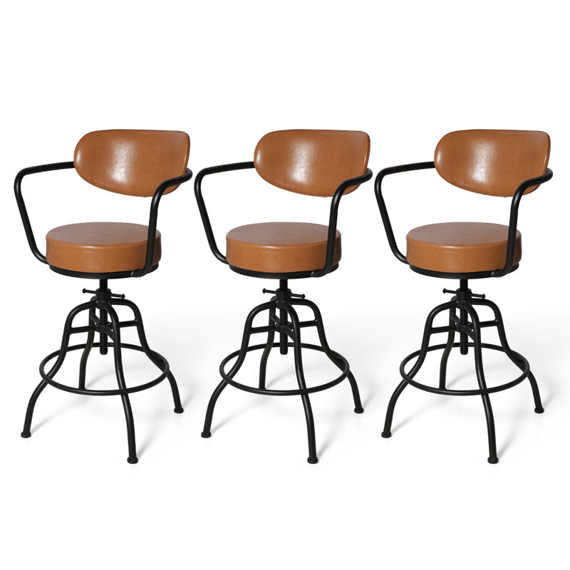 Industrial Bar Stool With Leather Backrest And Cushions 21.7-25.6Inch Height Adjustable Rustic Swivel Office Chairs Vintage Pub Stools For Kitchen Island Dining Room Living Room