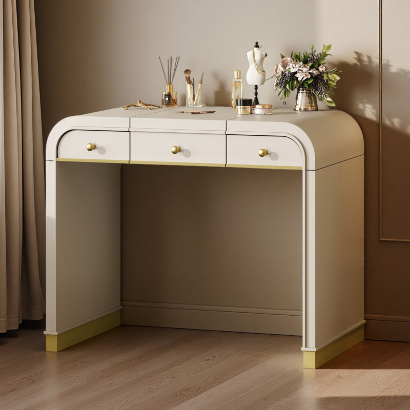 Bureau de coiffeuse classique en bois avec miroir rabattable, coiffeuse 3 en 1 avec 2 tiroirs et espace de rangement pour la chambre à coucher