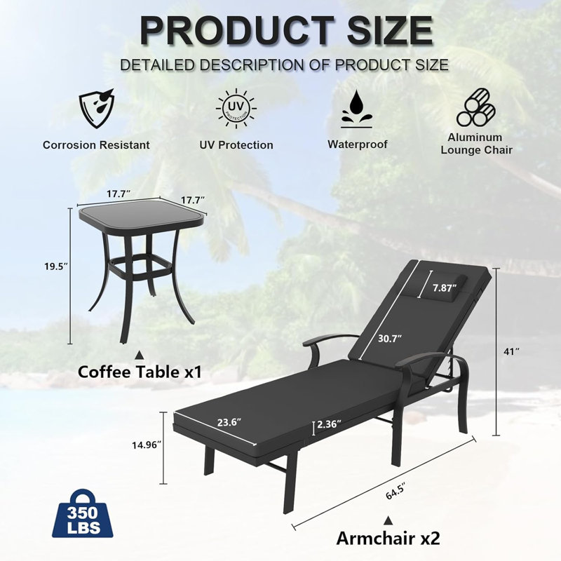 Ilari 3-Piece Outdoor Aluminum Chaise Lounge Chair Set with Cushions, Adjustable Backrest & Glass-Top Side Table, Black