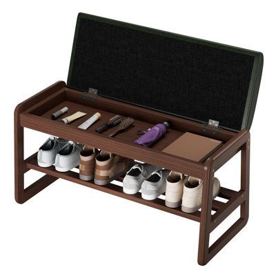 Solid Wood Shoe Bench, 2-tier Wooden Entryway Bench, Modern Shoe Rack With Faux Leather Cushion For Hallway, Living Room