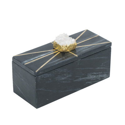 Decorative Storage Box With Gold Crystal Handle, 8 Inch Black Marble