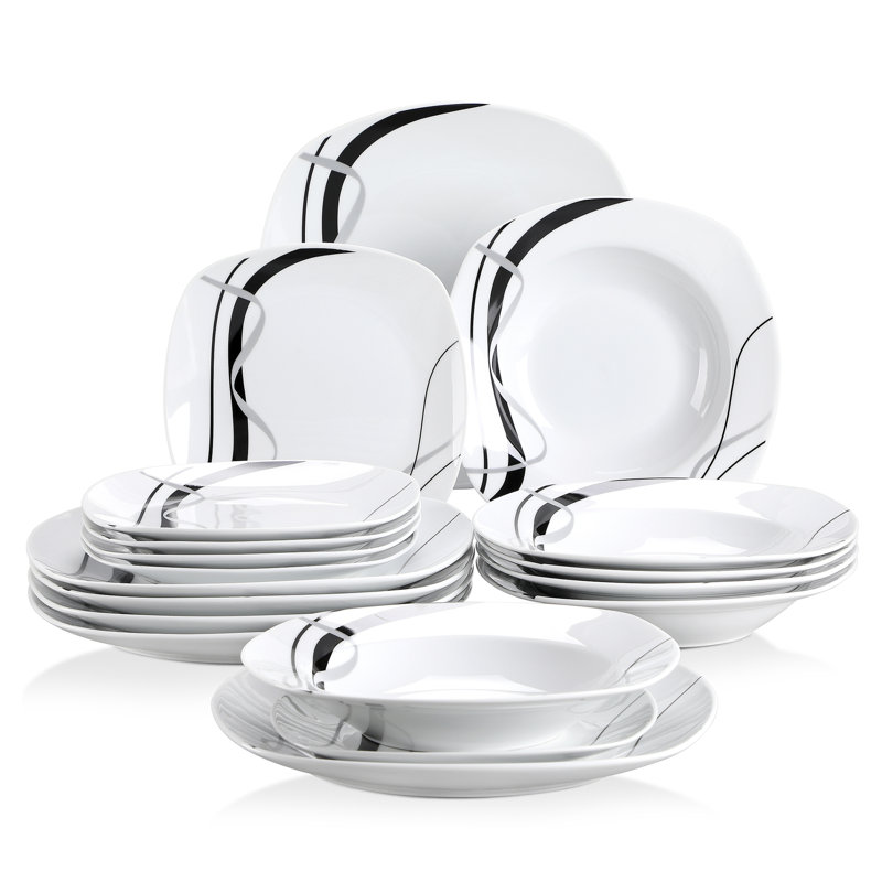 18-Piece Ivory White Geometric Pattern Dinnerware Set for 6, Includes Dinner Plates, Dessert Plates & Soup Bowls, 18