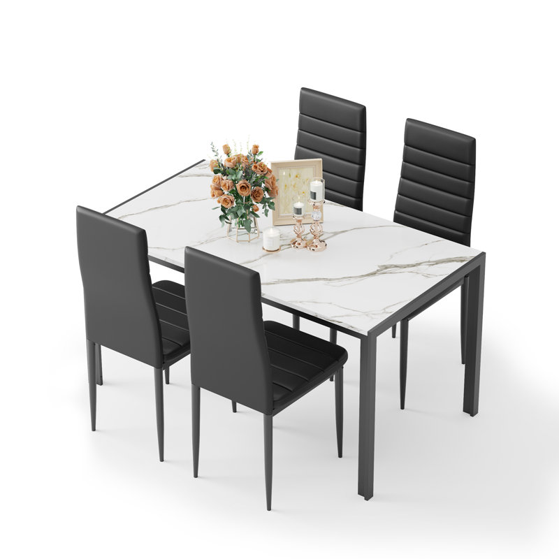5-Piece Dining Table Set – Modern Kitchen Table with Faux Marble Top & Black PU Leather Chairs, Space-Saving Design for Small Spaces, Easy Assembly