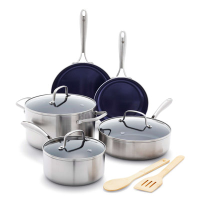 Blue Diamond HD Stainless Steel Clad Pro 10 Piece Cookware Pots and Pans Set, Diamond Infused Ceramic Nonstick, PFAS-Free, Dishwasher Safe, Oven and Broiler Safe