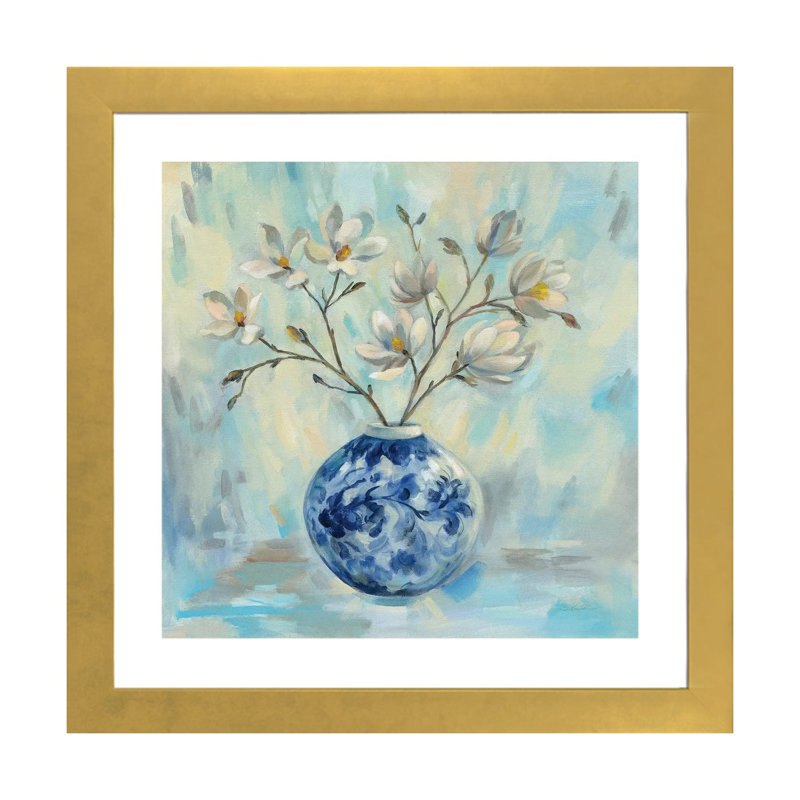 «Chinoiserie and Branches» par Silvia Vassileva - reproduction d'art, H 16 po x l 16 po x p 1 po, Papier encadré doré, Blanc