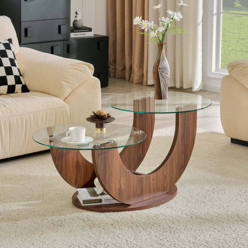 Table basse créative en U à deux niveaux avec base en panneau de fibres à densité moyenne Creative, Transparent / Walnut