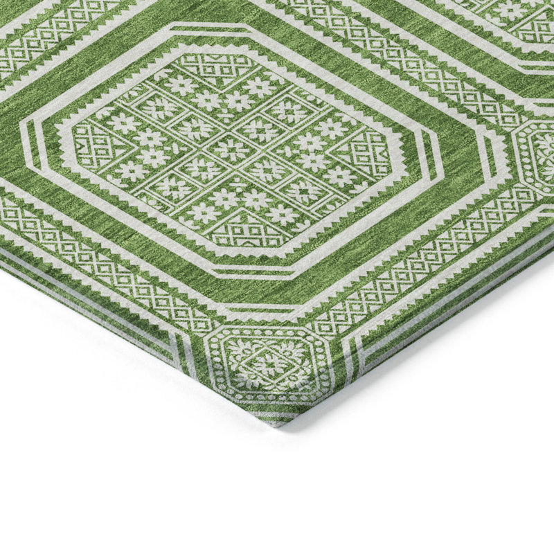 Tapis rond lavable extérieur géométrique 8 pi vert et ivoire