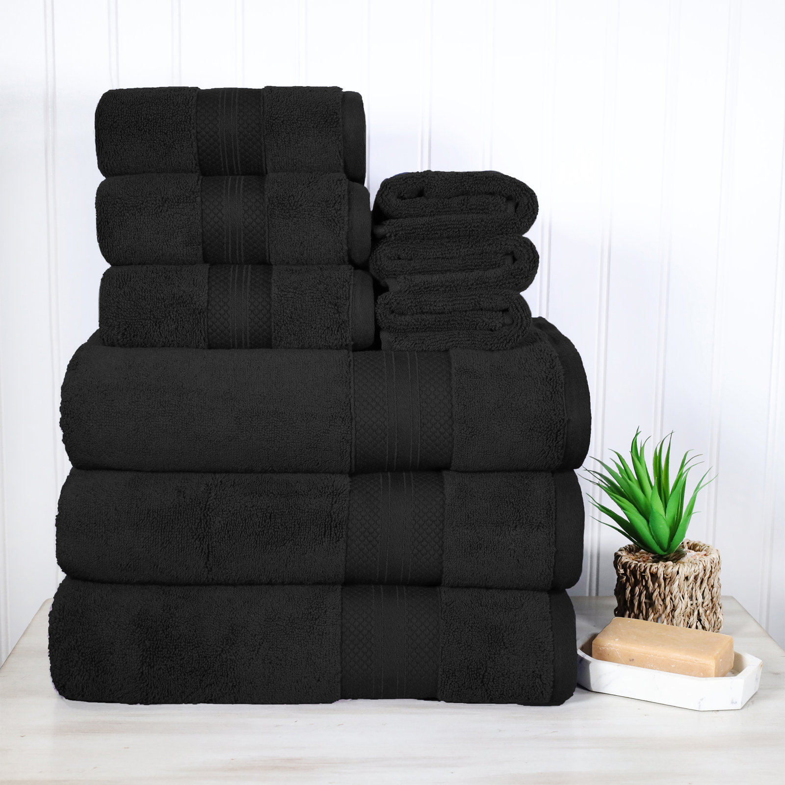 Finnian Ultra-Plush Heavyweight, 100% Turkish Towel Collection, Black, 9 Piece Towel Set