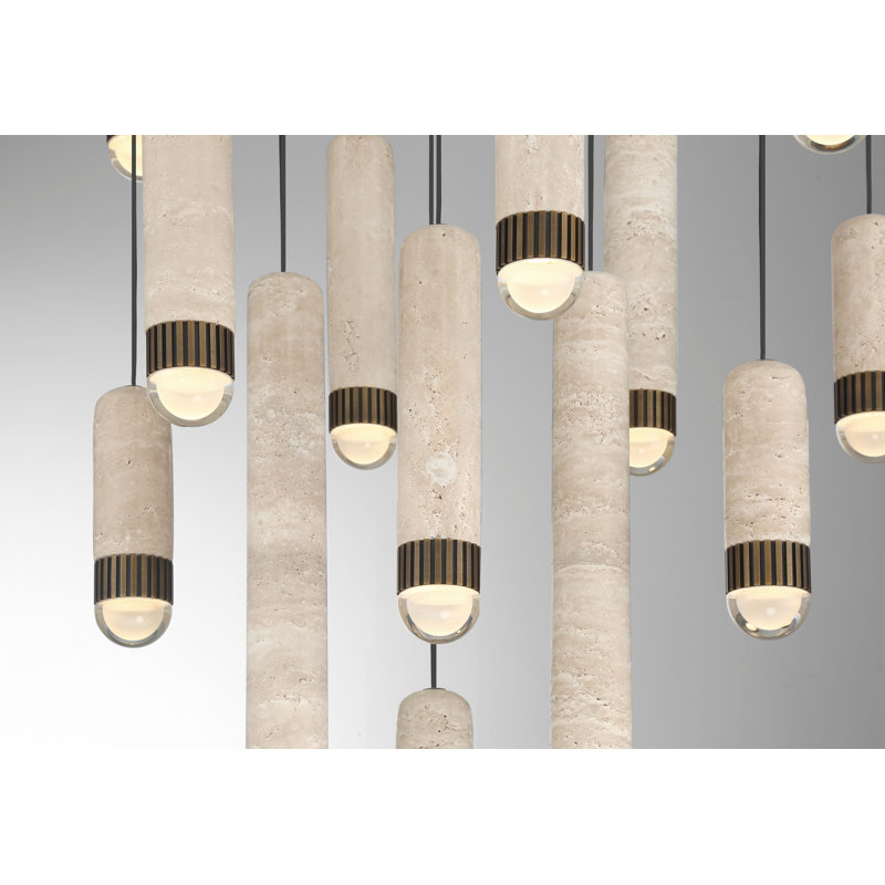 Lustre, 16 lumières, 32 po, laiton antique, travertin, Laiton