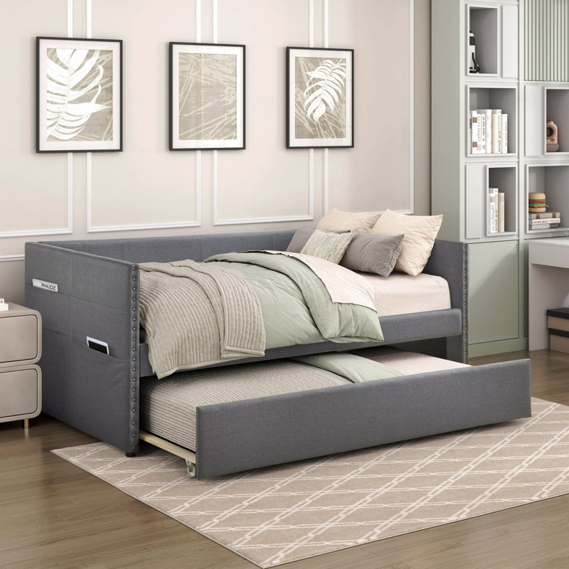 Modern Daybed Pull-Out Trundle Side Pockets Upholstery Nailhead Trim Bedroom Living Room Furniture 1Pc, Dark Gray