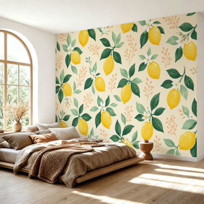 Papier peint adhésif peler et coller fleurs de citrons d'été feuilles de papier peint sans contact autocollant amovible pour salle de séjour H 69 po x l 96 po