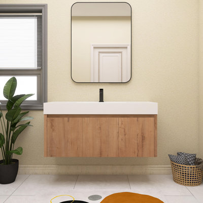 48 Inch Bathroom Vanity With Resin Top, Wall-Mounted Bathroom Cabinet With 3 Soft Closing Doors