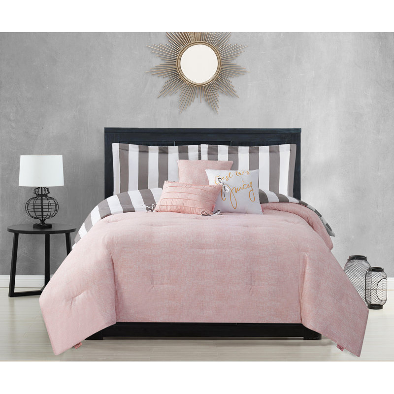 Juicy Couture Cabana Stripe Comforter Sets, Full/Queen Comforter + 2 Shams + 3 Throw Pillows, Gray/White