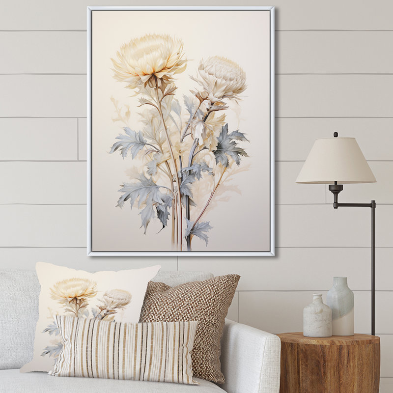 «Beige chardon», art mural sur toile Thistle, H 20 po x l 12 po, Cadre flottant blanc