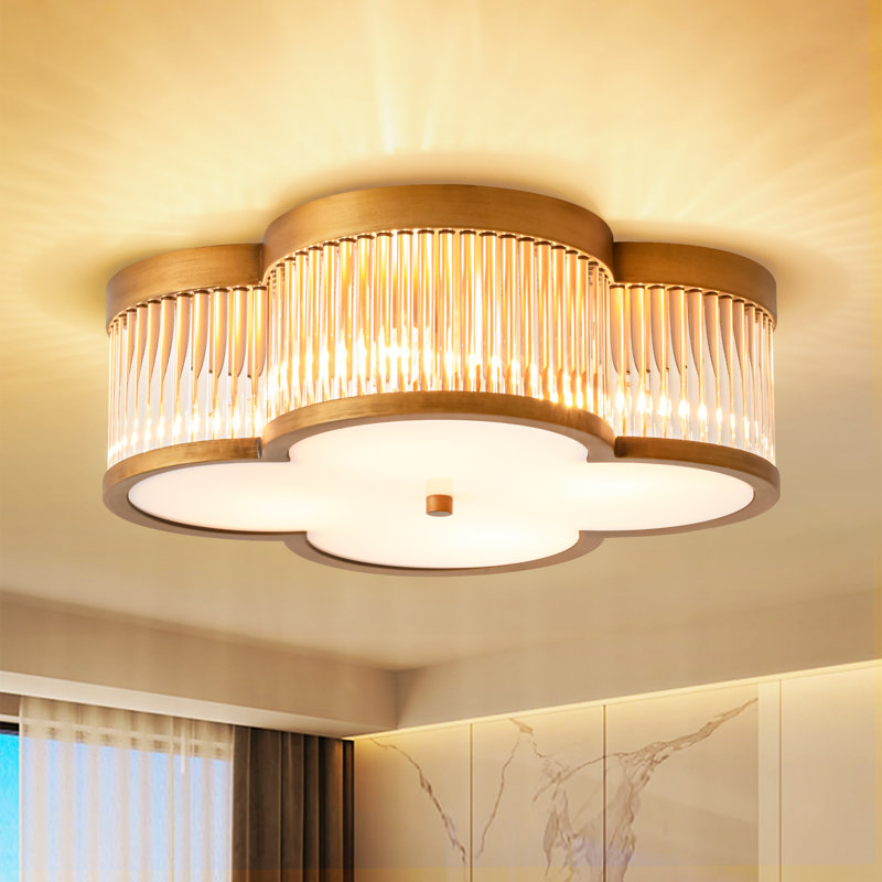  CloverNeo Modern 15.7" 4-Light Clover Flush Mount Ceiling Light, Brushed Brass with Clear Glass Rods, Polished Brass