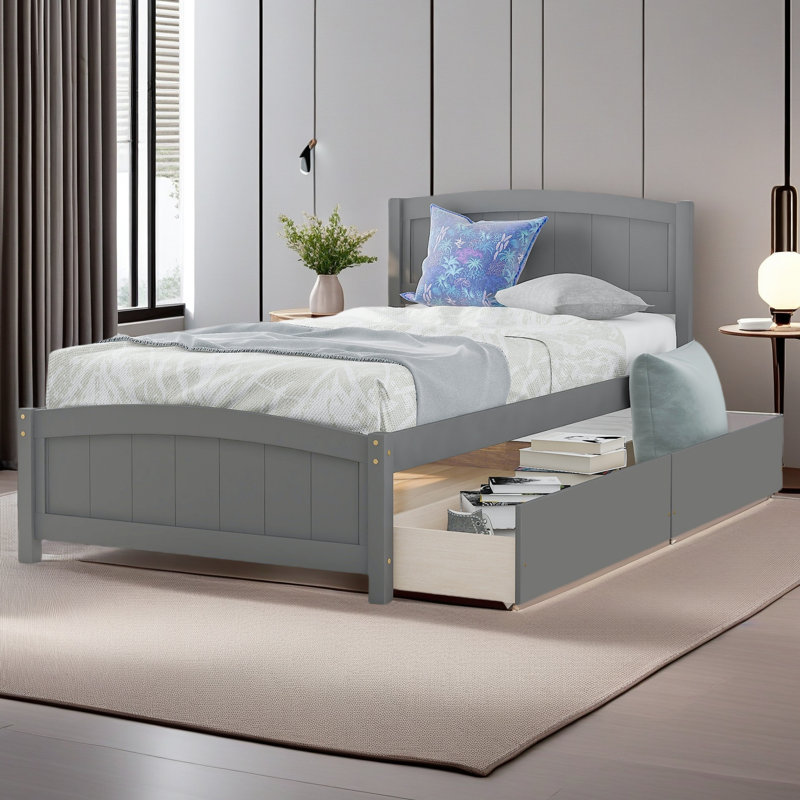 Lit plateforme simple avec deux tiroirs, Gris