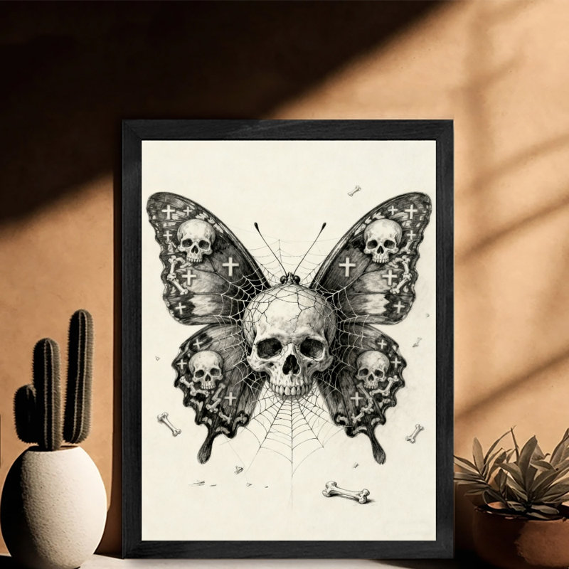 Reproduction d'art encadré noir avec crâne de papillon rétro, H 11 po x l 9 po