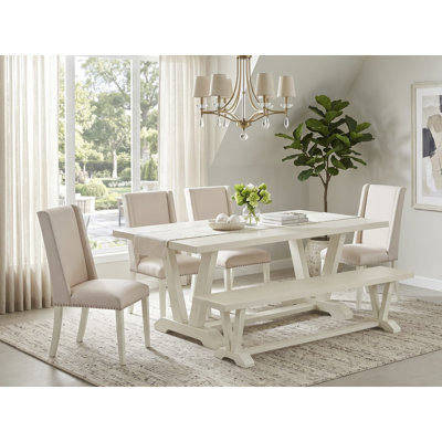 6-Piece Dining Table Set and Dining Bench - 4 Cream Linen Fabric Chairs Wire brushed Linen White.