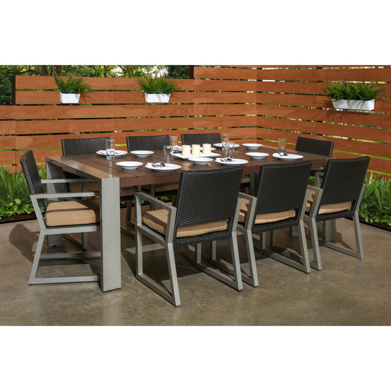 Ensemble de salle à manger de patio rectangulaire en aluminium 9 pièces avec coussins Sunbrella, Toile Sunbrella® beige chiné