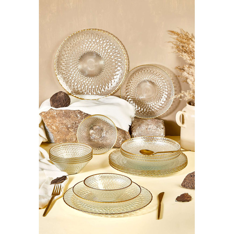 Elegant 18-Piece Dinner Set, 100% Glass | Includes 6 Service Plates (11.0 in), 6 Plates (8.3 in), 6 Bowls (5.9 in) | Stylish Transparent Design, Perfect for Formal Dining | Not Dishwasher or Microwave Safe