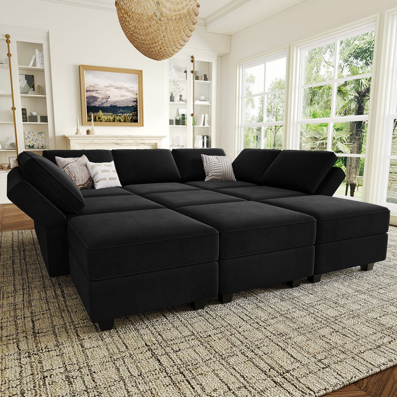 Neemi Upholstered Sectional, Black Velvet