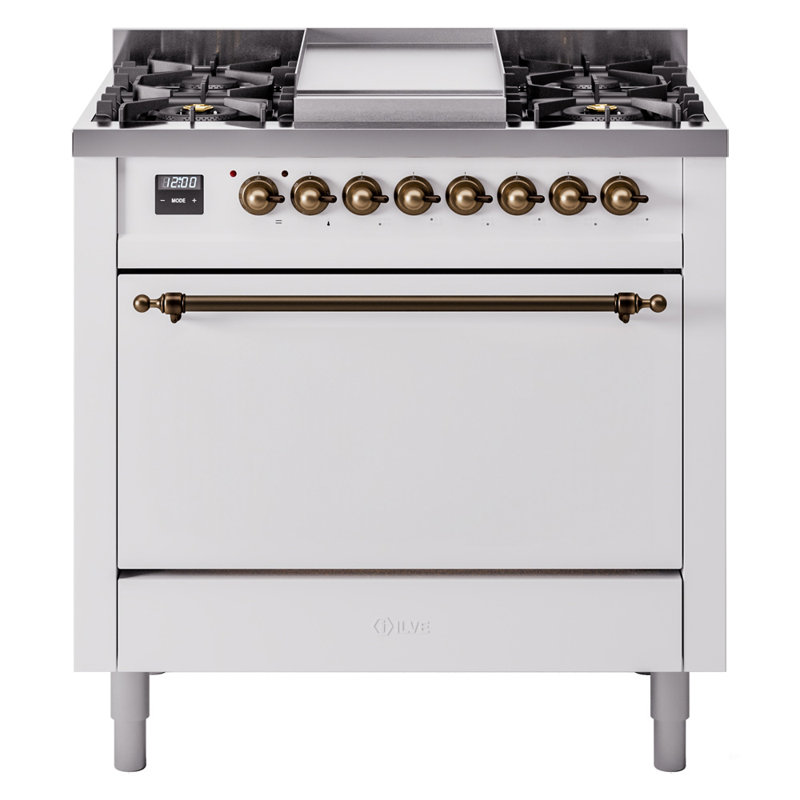 ILVE Nostalgie II 36 in Dual Fuel Range, Liquid Propane, White/Bronze