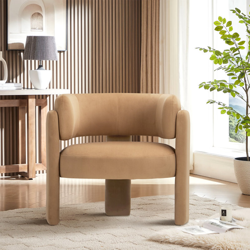 Solid Wood Barrel Armchair - Plush Seat, Skin-Friendly Fabric & Versatile, Khaki
