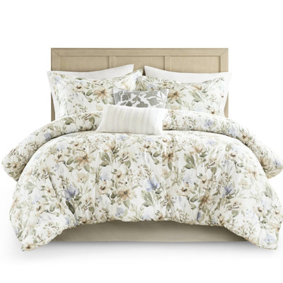 King 6Pcs Comforter Featuring Cotton Print, Natural Floral Design, 100% Cotton, 300Gsm Fill For All - Season Use, Exquisite Embroidery On Decor Pillows, Print With Vibrant Elements, 300Tc Woven,