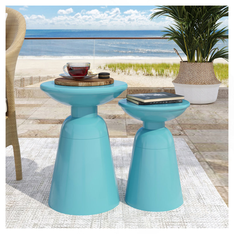 Outdoor Iron Side Tables With Flared Design, Set Of 2 , Teal, Teal