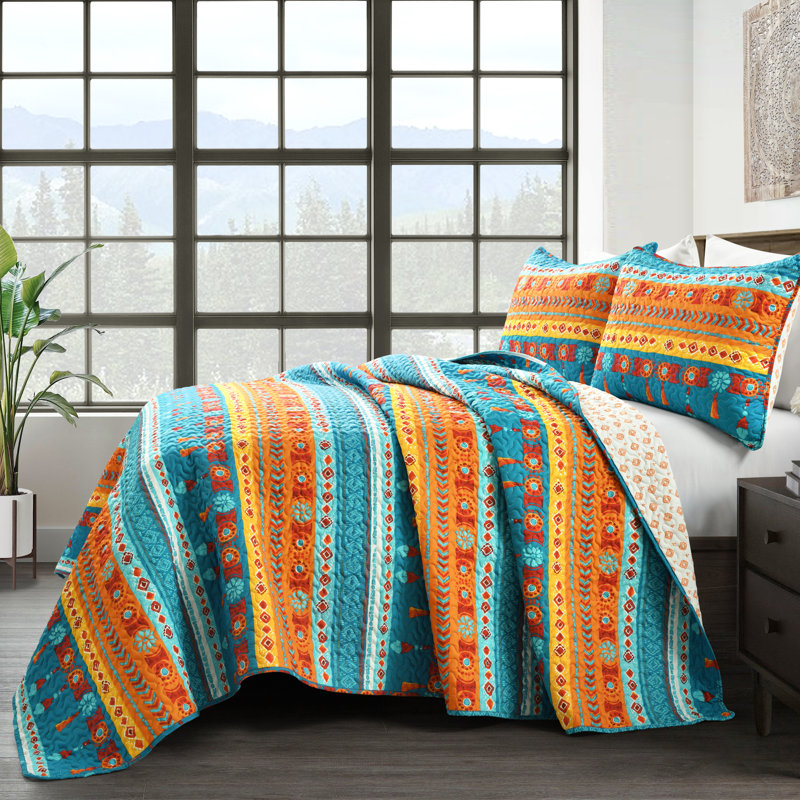 Blue/Orange Microfiber Reversible 3 Piece Quilt Set, Full/Queen Quilt + 2 Shams