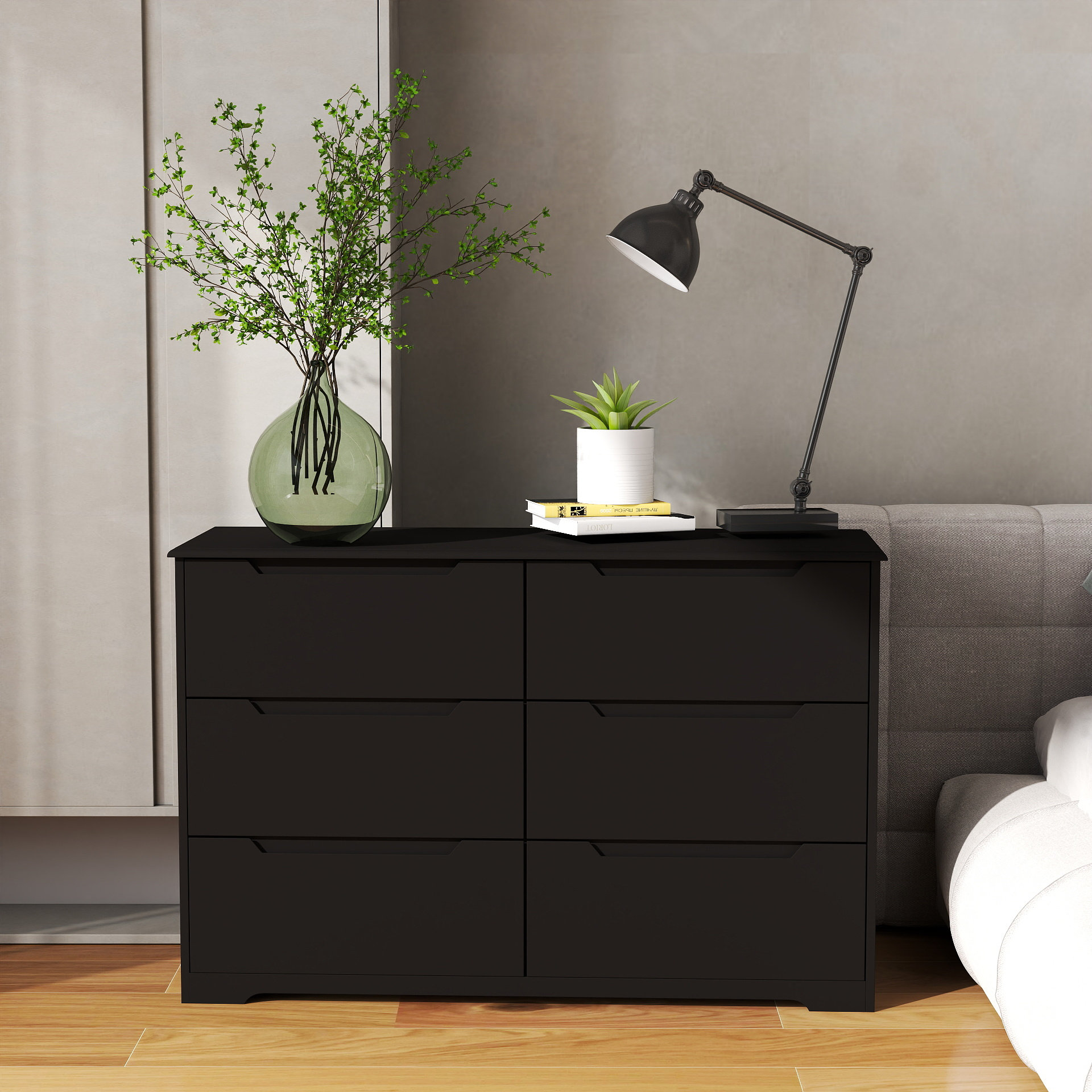 Commode double 47,3 po en bois moderne avec 6 tiroirs pour le rangement de la chambre à coucher