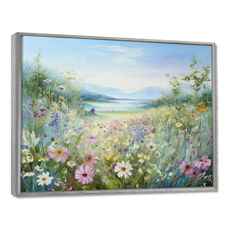 Simplity Wreath Green Flower Field - Art mural grand champ de fleurs, H 16 po x l 32 po x P 1 po, Encadrement argenté
