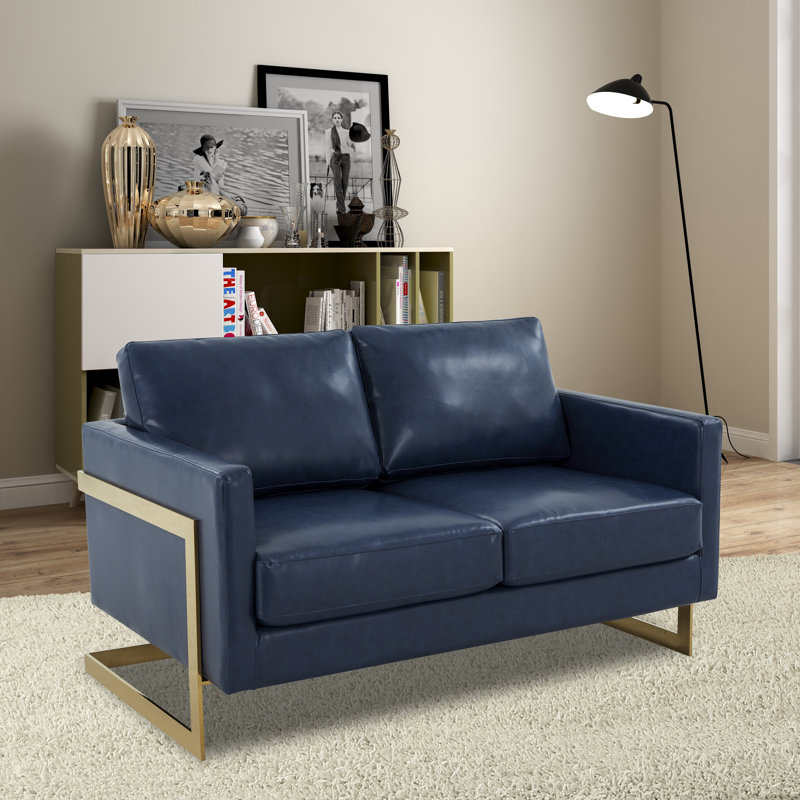 Bellago 55'' Upholstered Leather Accent Armchair with Gold Frame, Navy Blue