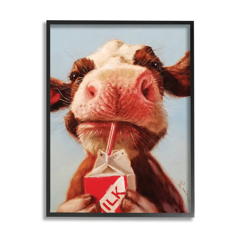 Bébé vache, lait, boîte, carton, portrait de ferme, Giclée encadrée noir minuit, H 30 po x l 24 po