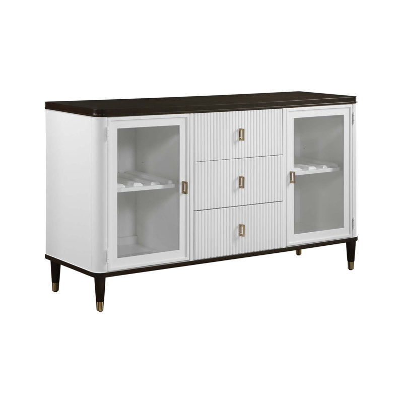 Elegant White And Brown Finish Server With Drawer And Tempered Glass Accents, Perfect For Dining And Living Spaces.