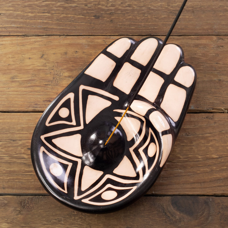 Bungalow Rose Handmade Black & White Hamsa Ceramic Incense Holder
