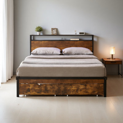 Base de lit plateforme grand en métal avec tête de lit et pied de lit en bois avec port USB, station de charge, 2 tiroirs, aucun sommier requis, assemblage facile