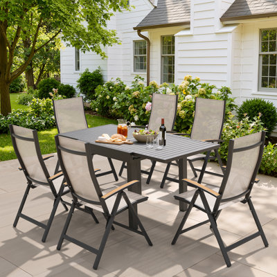 4-10 Person Aluminum Patio Dining Set with Extendable Table and Folded Reclining Armchairs