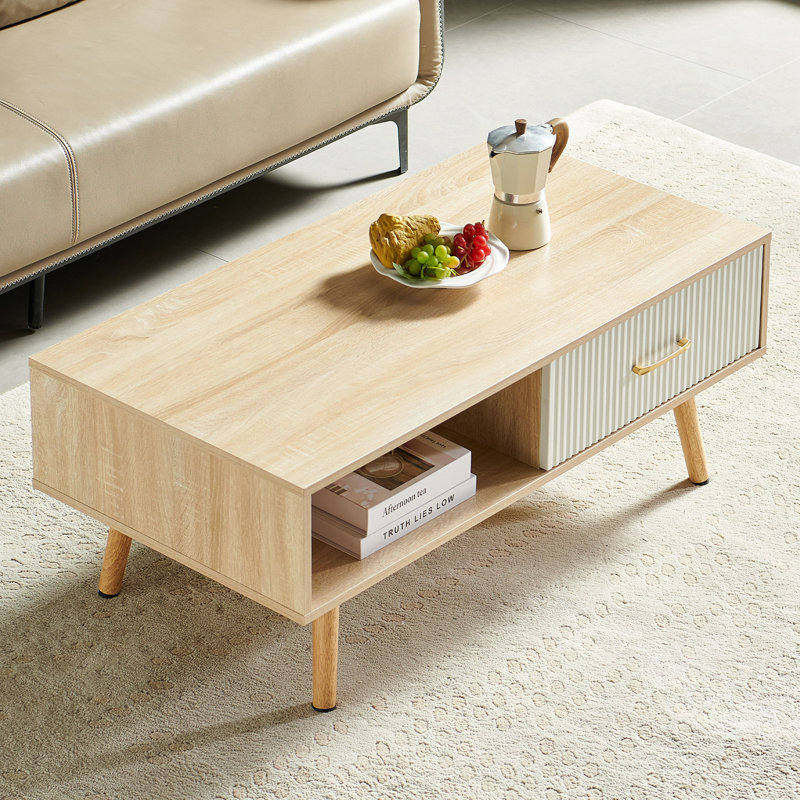 Boho Rectangle Coffee Table with Solid Wood Legs & Sliding Storage Drawer, Modern Living Room or Office Center Table
