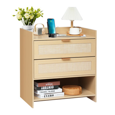 Rattan Nightstand With Charging Station, 2 Drawers Bedside Table With Open Storage Shelf, Modern End Side Table With Usb Ports & Ac Outlets, Night Stand For Bedroom, Living Room, Natural