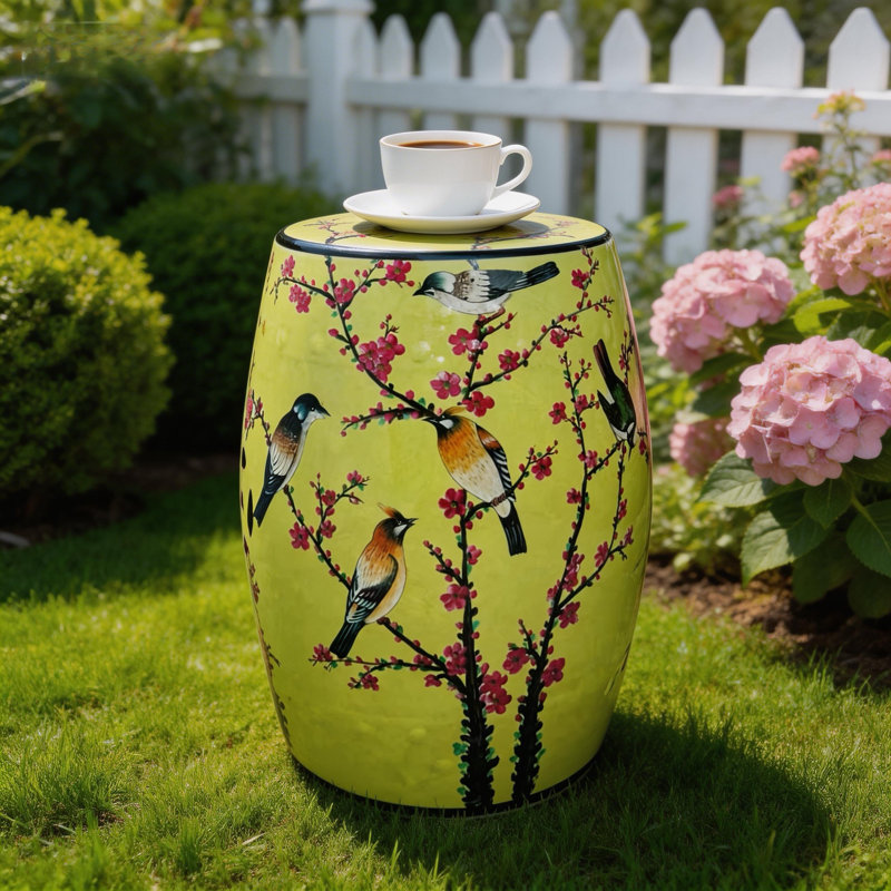 Tabouret en céramique fleur et oiseau